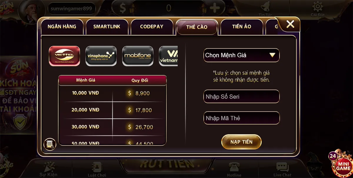 Nạp tiền Sunwin bằng thẻ cào